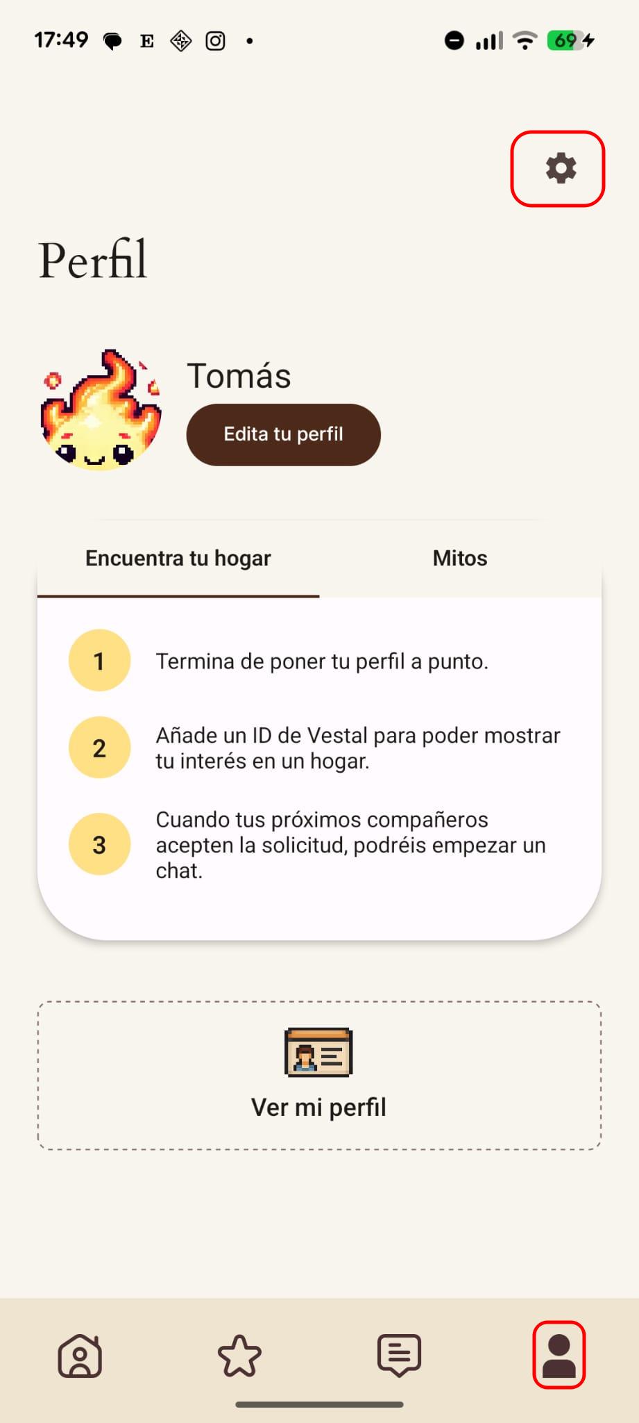 Captura de pantalla - Acceso a Profile y Ajustes